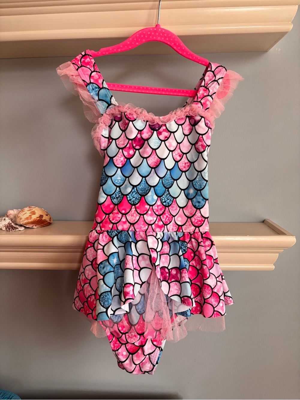 BMG - Girls Pink & Blue Mermaid-Scale Swim Dress with Tulle Trim